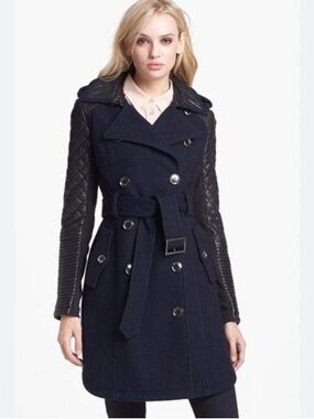 BCBG Max Azria leather wool double breasted pea coat small